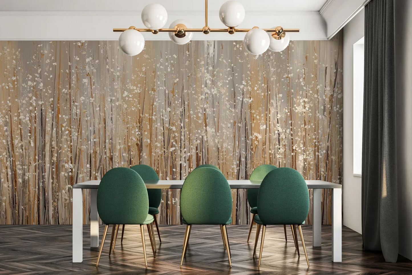 Fototapeta GILDED BREEZE - tapeta z beżowymi źdźbłami traw w artystycznej kompozycji pokazana w aranżacji jadalni.