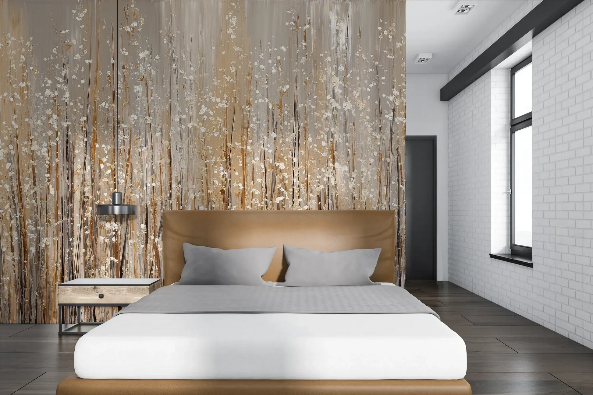 Wzór fototapety GILDED BREEZE - tapeta z beżowymi źdźbłami traw w artystycznej kompozycji pokazanej w aranżacji sypialni.