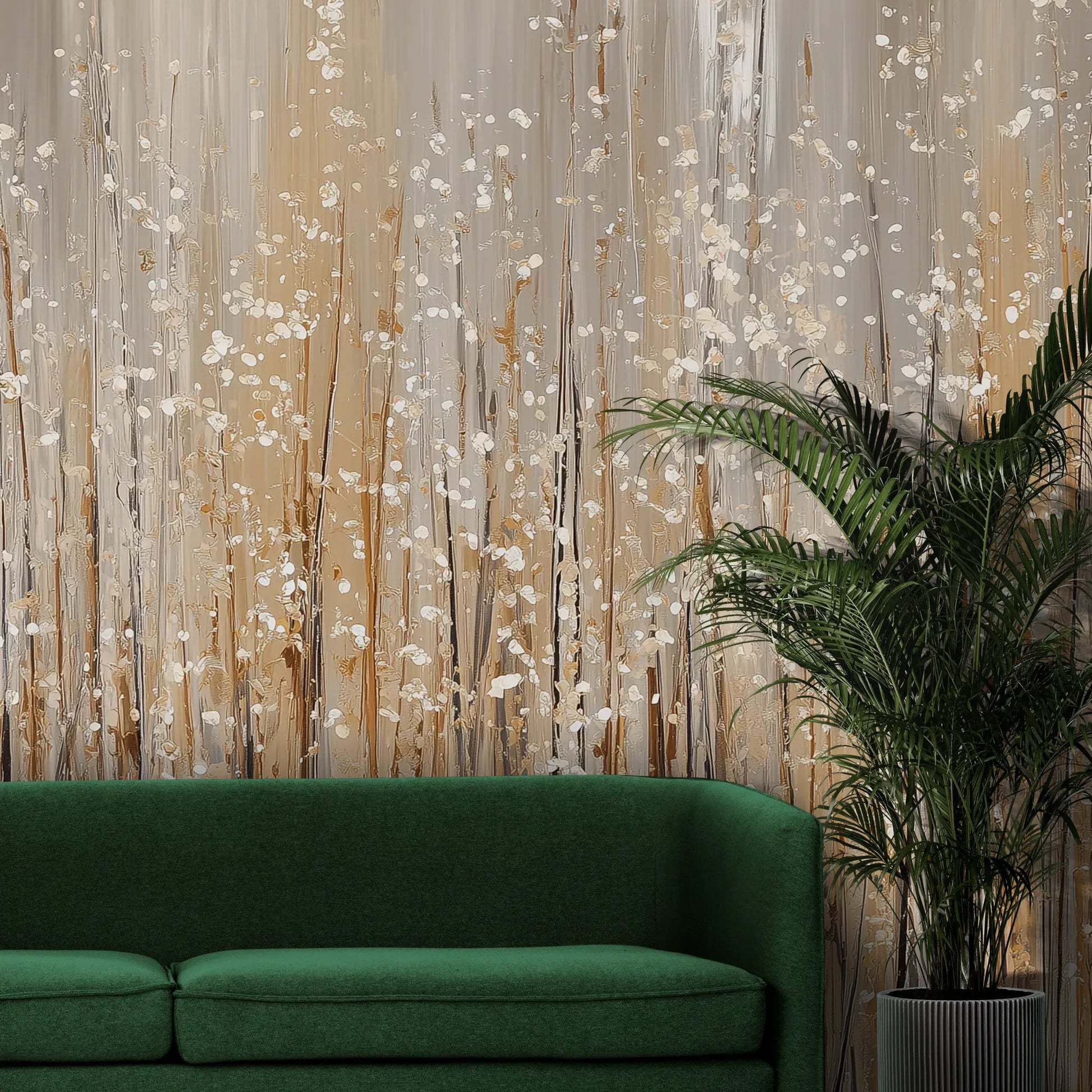 Fototapeta GILDED BREEZE - tapeta z beżowymi źdźbłami traw w artystycznej kompozycji pokazana w aranżacji wnętrza z akcentem na ścianie.