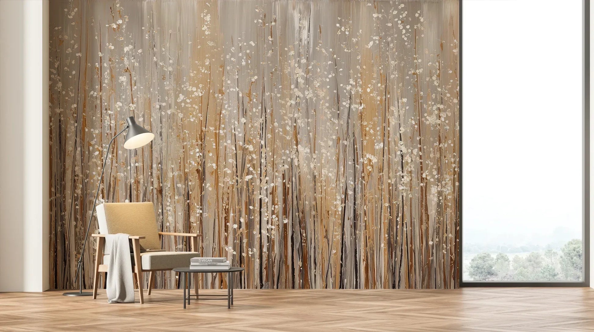 Wzór fototapety GILDED BREEZE - tapeta z beżowymi źdźbłami traw w artystycznej kompozycji pokazanej w aranżacji salonu.