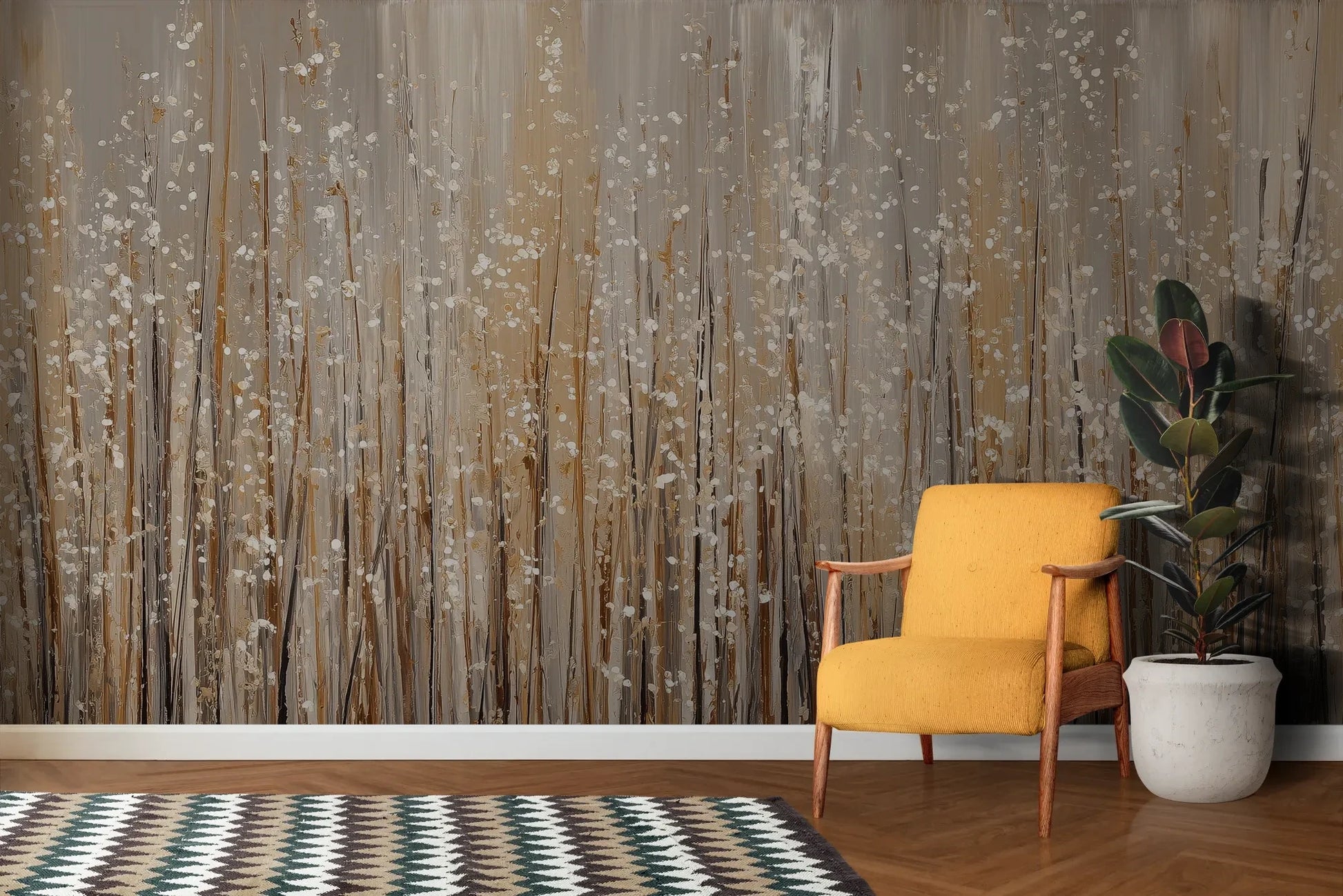 Wzór fototapety GILDED BREEZE - tapeta z beżowymi źdźbłami traw w artystycznej kompozycji pokazanej w aranżacji salonu.
