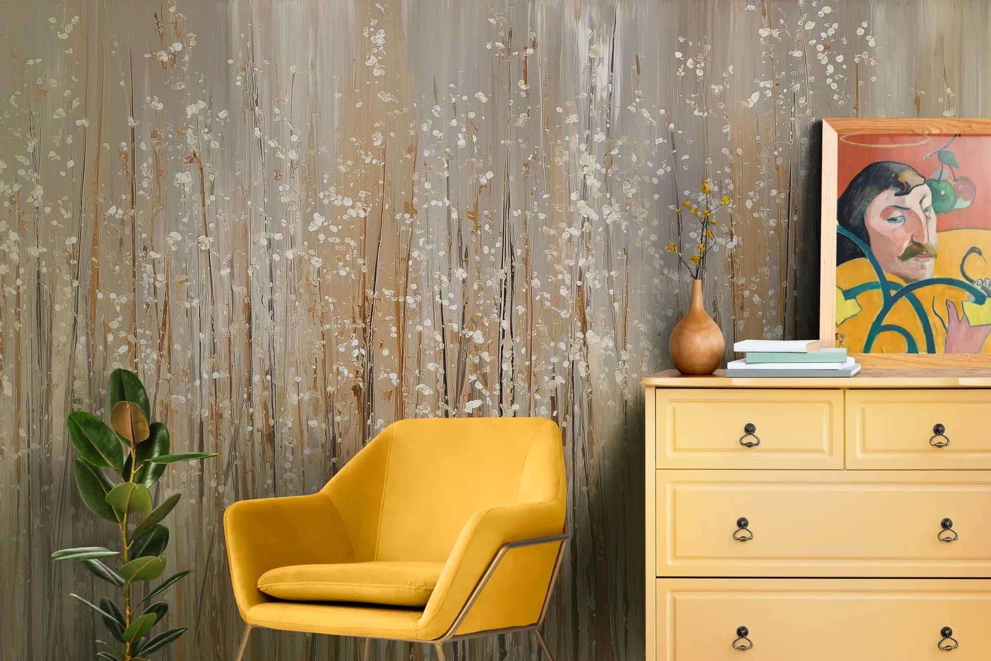 Wzór fototapety GILDED BREEZE - tapeta z beżowymi źdźbłami traw w artystycznej kompozycji pokazanej w aranżacji salonu.