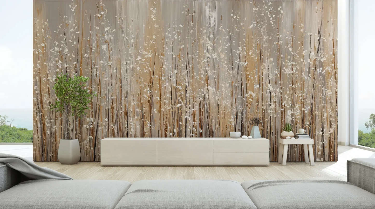 Wzór fototapety GILDED BREEZE - tapeta z beżowymi źdźbłami traw w artystycznej kompozycji pokazanej w aranżacji salonu.