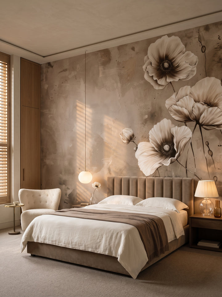Fototapeta artystyczna o nazwie Modern Purity w aranżacji wnętrza: sypialnia w apartamencie pięciogwiazdkowego hotelu.