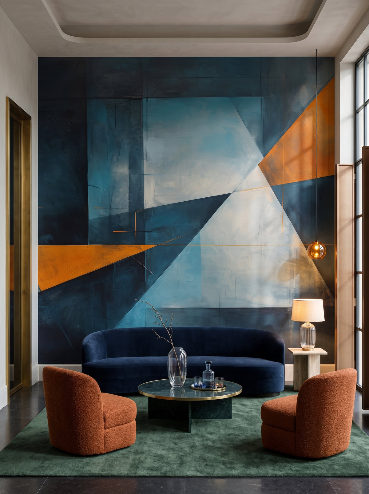 Papier peint panoramique artistique « Geometric Sunrise #3 » dans un intérieur : lobby lounge d'un hôtel boutique design.