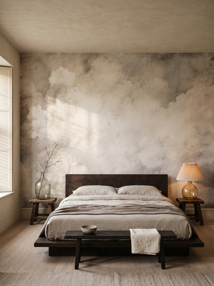 Fototapeta artystyczna o nazwie LUMINOUS MIST CANVAS w aranżacji wnętrza: sypialnia w stylu wabi-sabi.