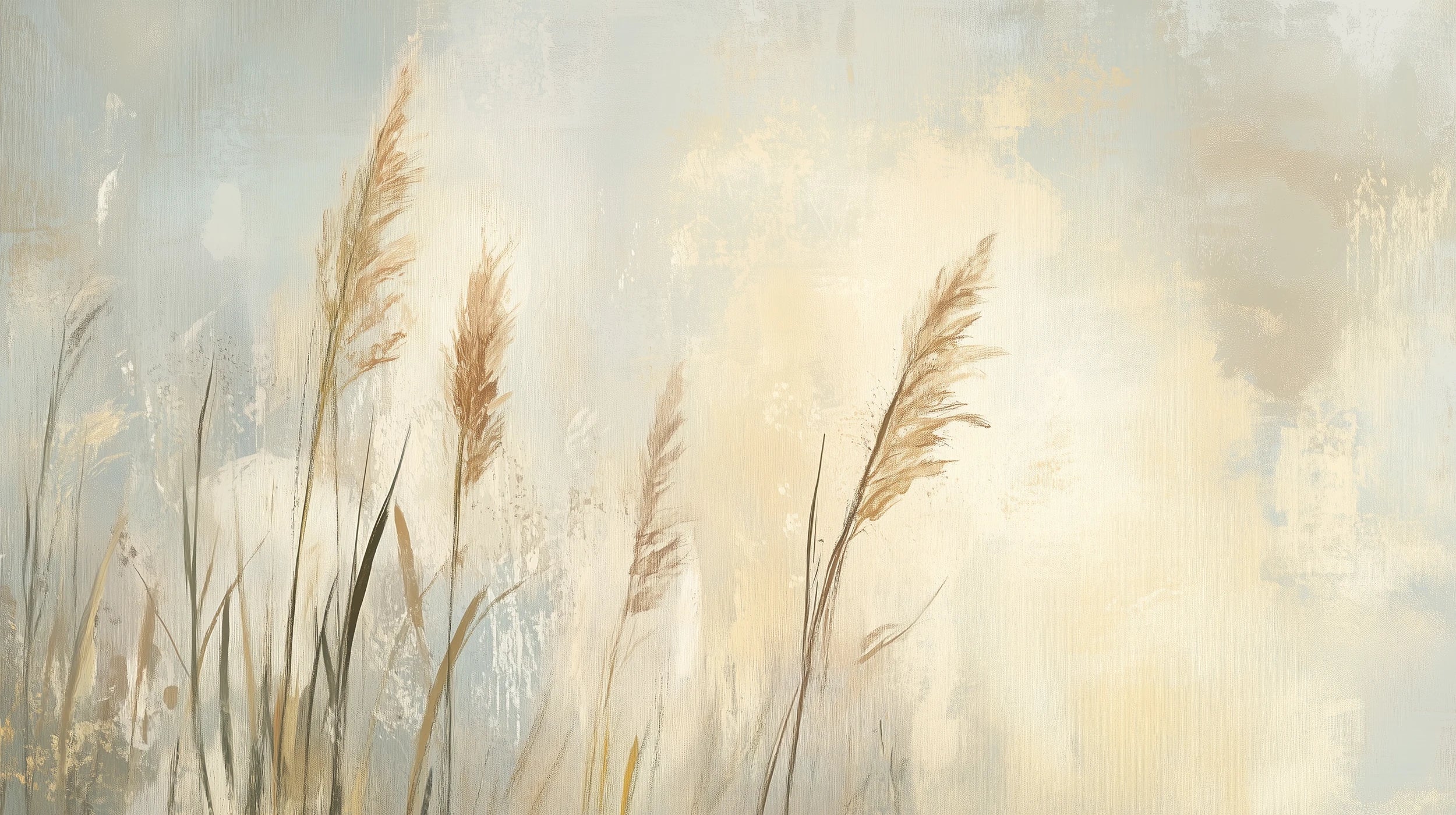 Mustervorschau: Prezentacja całego wzoru fototapety o nazwie MEADOW GRACE - tapeta z delikatnymi źdźbłami traw o świcie