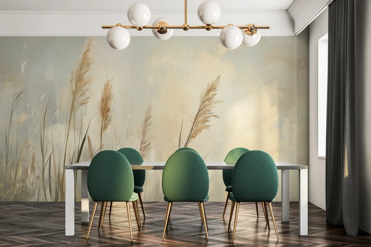 Fototapeta MEADOW GRACE - tapeta z delikatnymi źdźbłami traw o świcie pokazana w aranżacji jadalni.