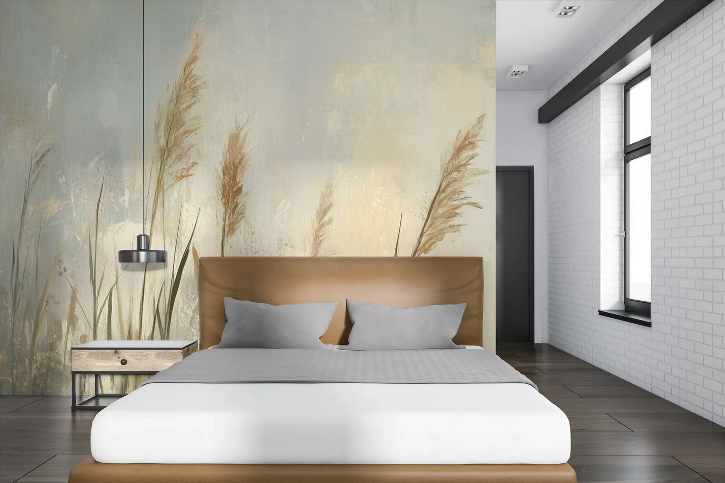 Wzór fototapety MEADOW GRACE - tapeta z delikatnymi źdźbłami traw o świcie pokazanej w aranżacji sypialni.