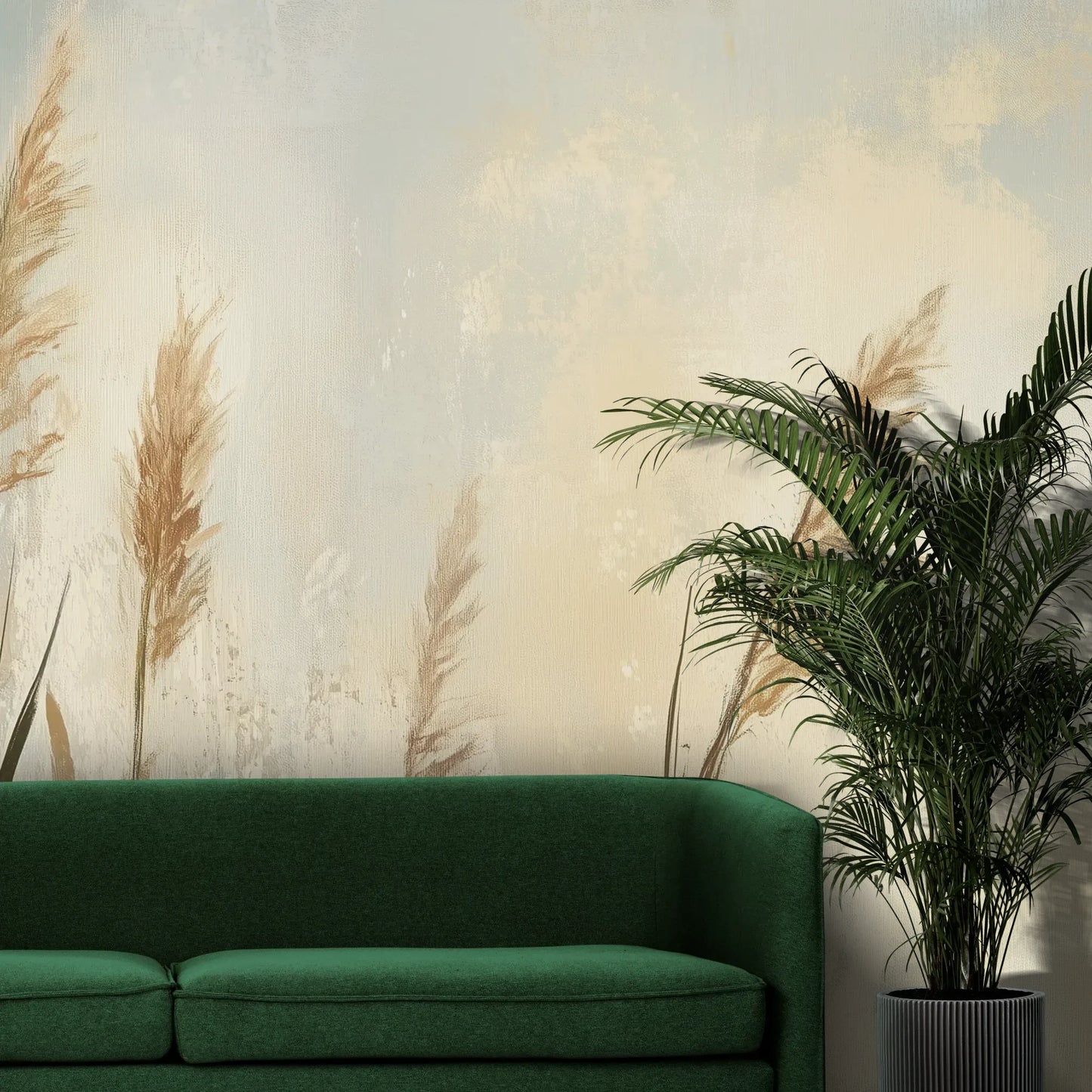 Fototapeta MEADOW GRACE - tapeta z delikatnymi źdźbłami traw o świcie pokazana w aranżacji wnętrza z akcentem na ścianie.