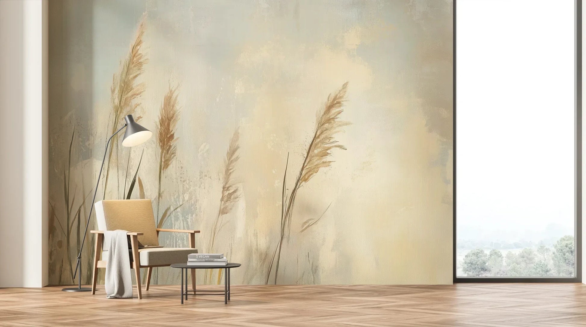 Wzór fototapety MEADOW GRACE - tapeta z delikatnymi źdźbłami traw o świcie pokazanej w aranżacji salonu.