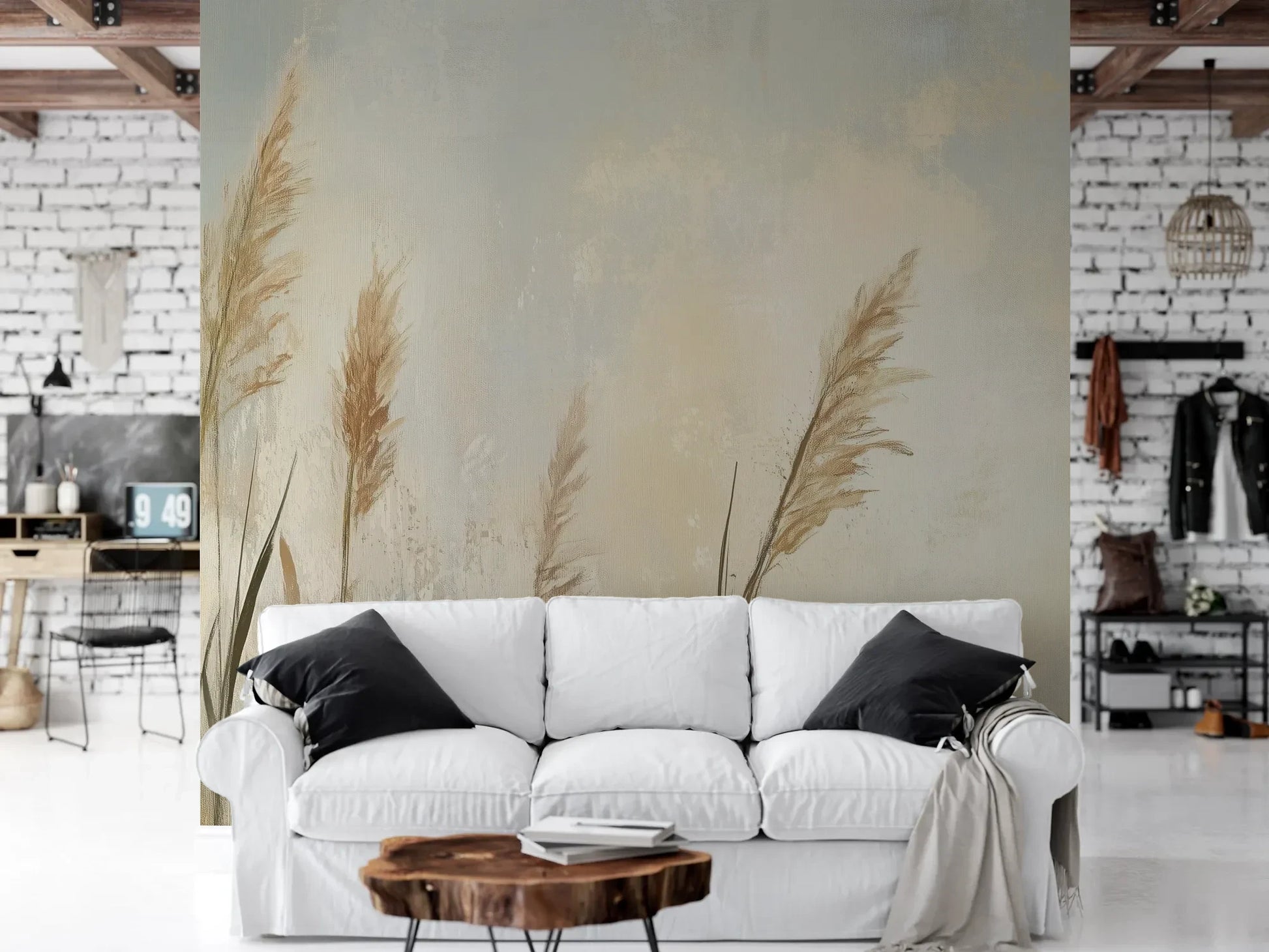 Wzór fototapety MEADOW GRACE - tapeta z delikatnymi źdźbłami traw o świcie pokazanej w aranżacji salonu.