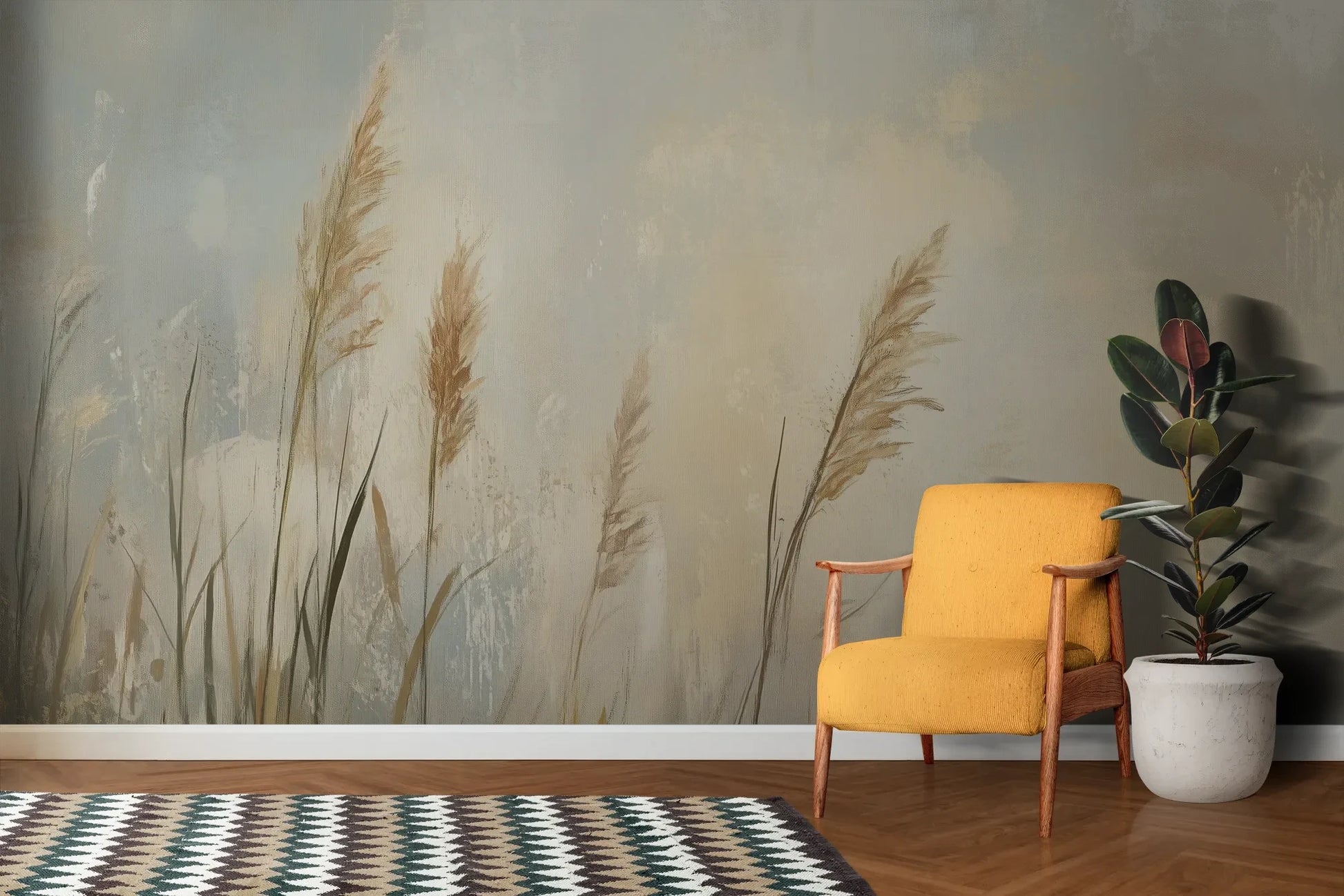 Wzór fototapety MEADOW GRACE - tapeta z delikatnymi źdźbłami traw o świcie pokazanej w aranżacji salonu.