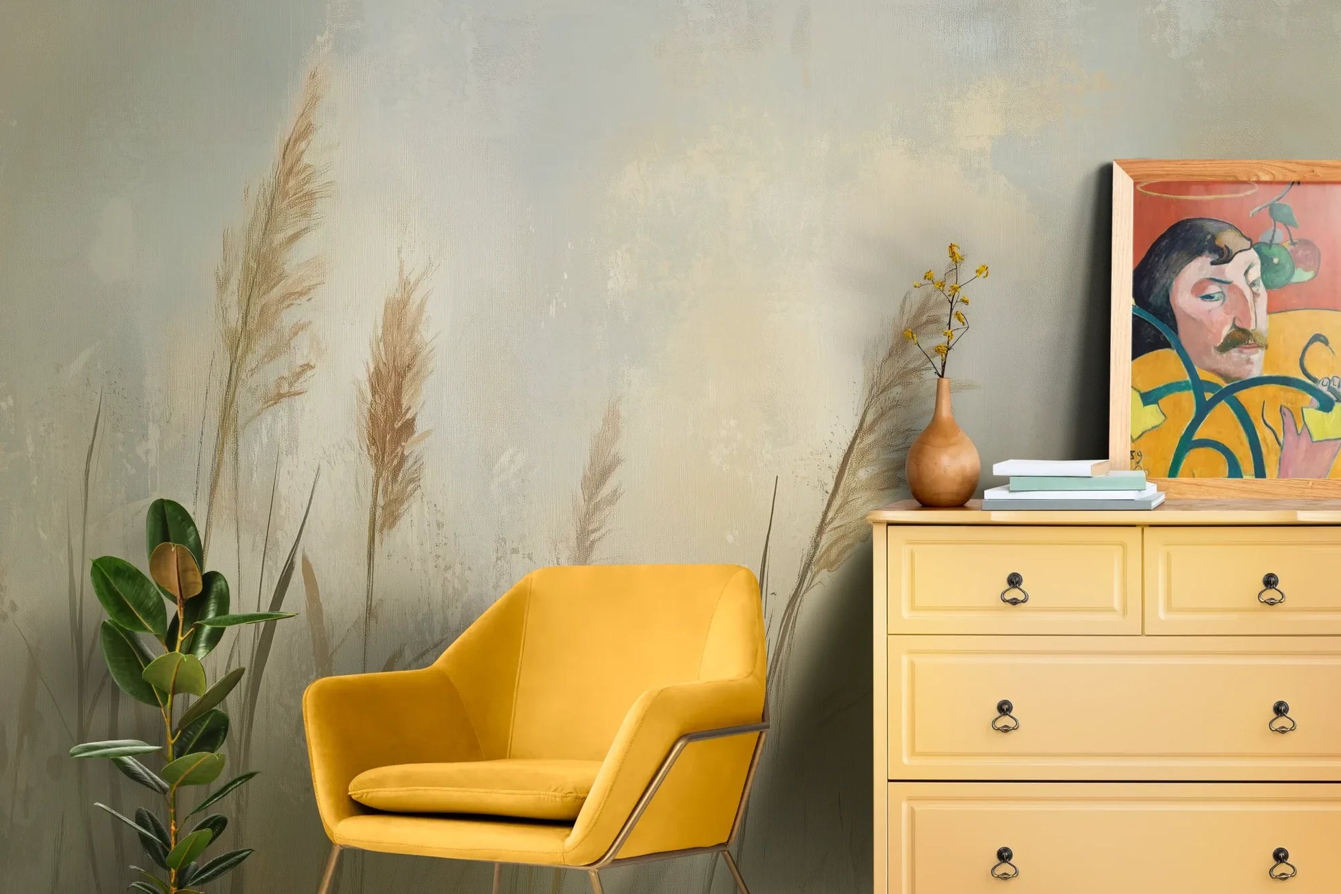 Wzór fototapety MEADOW GRACE - tapeta z delikatnymi źdźbłami traw o świcie pokazanej w aranżacji salonu.