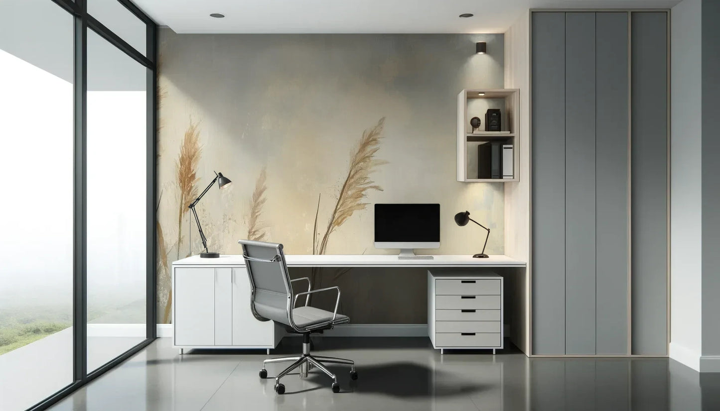 Fototapeta MEADOW GRACE - tapeta z delikatnymi źdźbłami traw o świcie pokazana w aranżacji biura.