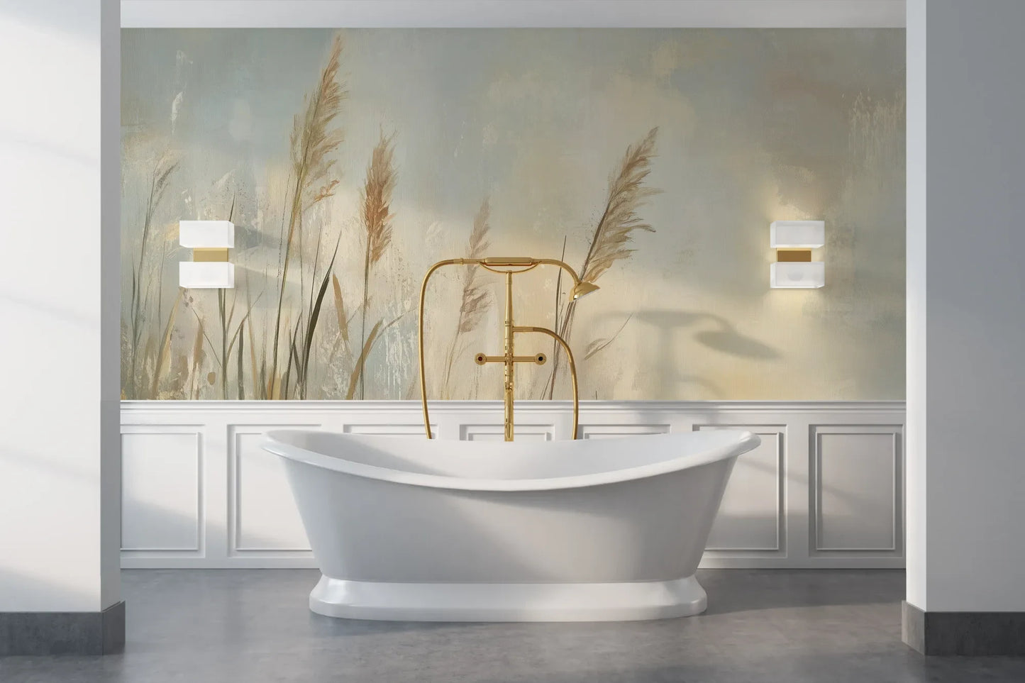 Wzór fototapety MEADOW GRACE - tapeta z delikatnymi źdźbłami traw o świcie pokazanej w aranżacji łazienki.