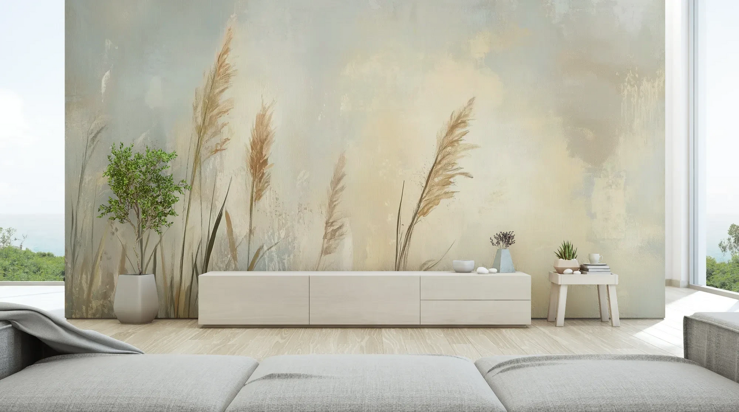 Wzór fototapety MEADOW GRACE - tapeta z delikatnymi źdźbłami traw o świcie pokazanej w aranżacji salonu.