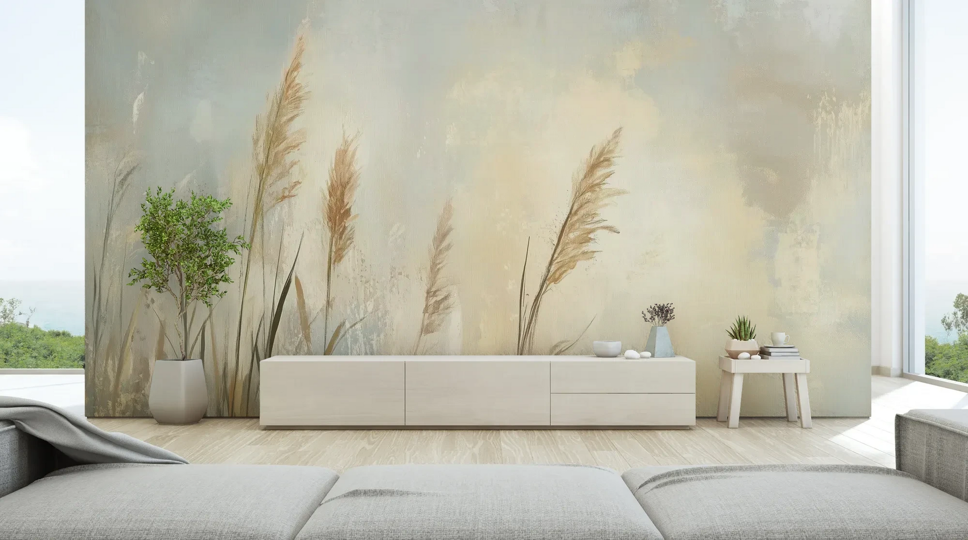 Wzór fototapety MEADOW GRACE - tapeta z delikatnymi źdźbłami traw o świcie pokazanej w aranżacji salonu.