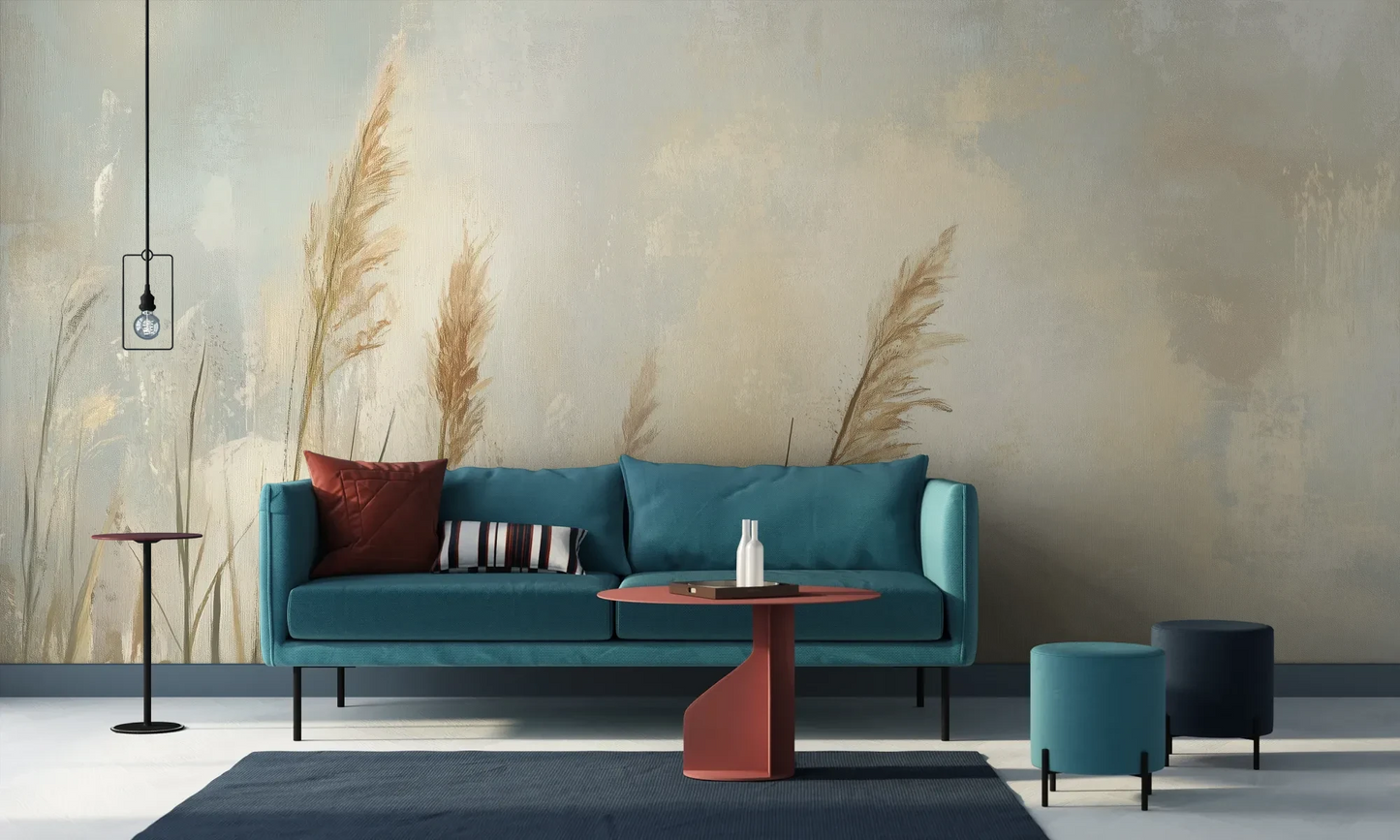 Wzór fototapety MEADOW GRACE - tapeta z delikatnymi źdźbłami traw o świcie pokazanej w aranżacji salonu.