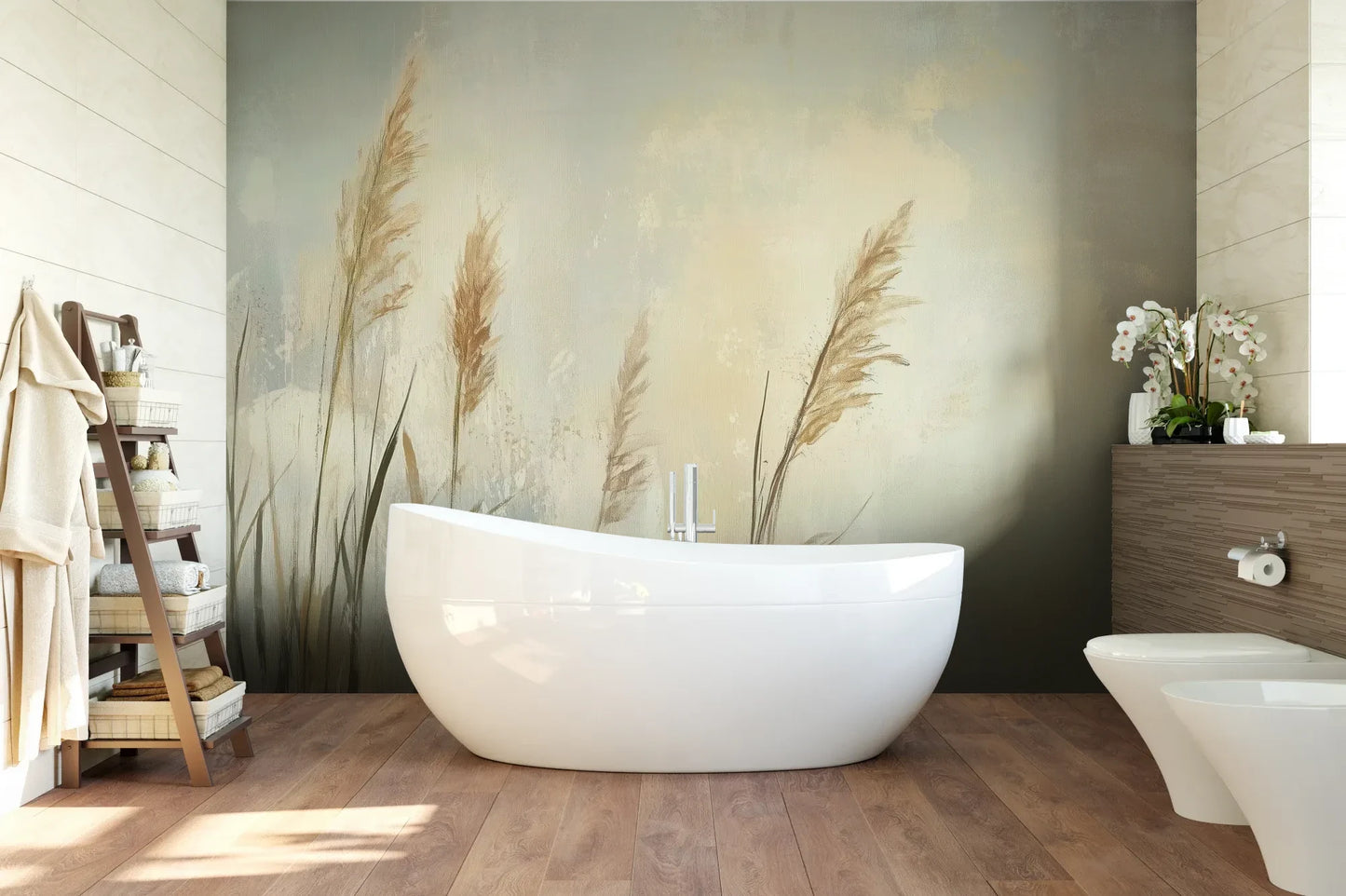 Wzór fototapety MEADOW GRACE - tapeta z delikatnymi źdźbłami traw o świcie pokazanej w aranżacji łazienki.