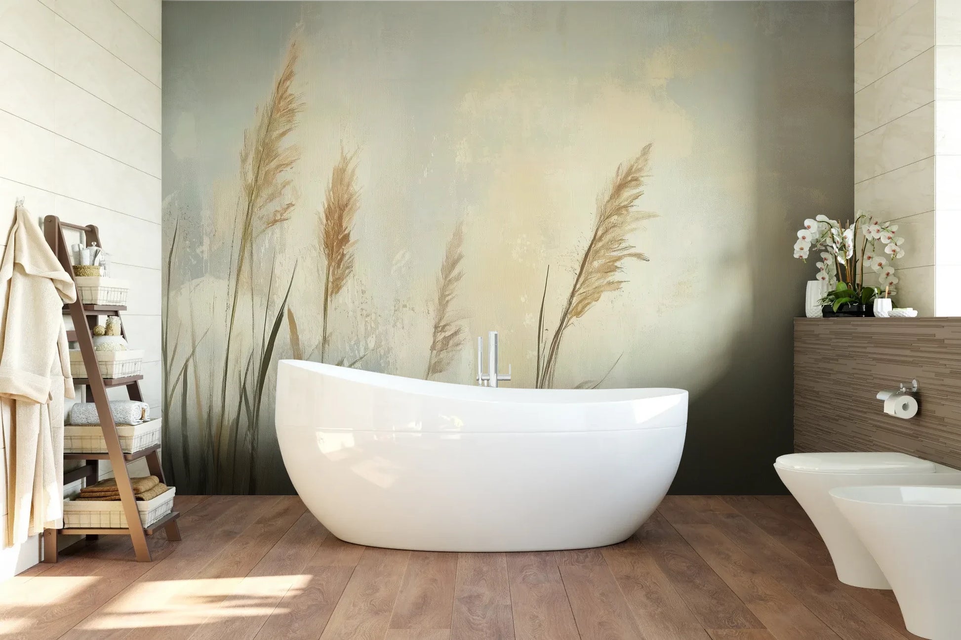 Wzór fototapety MEADOW GRACE - tapeta z delikatnymi źdźbłami traw o świcie pokazanej w aranżacji łazienki.
