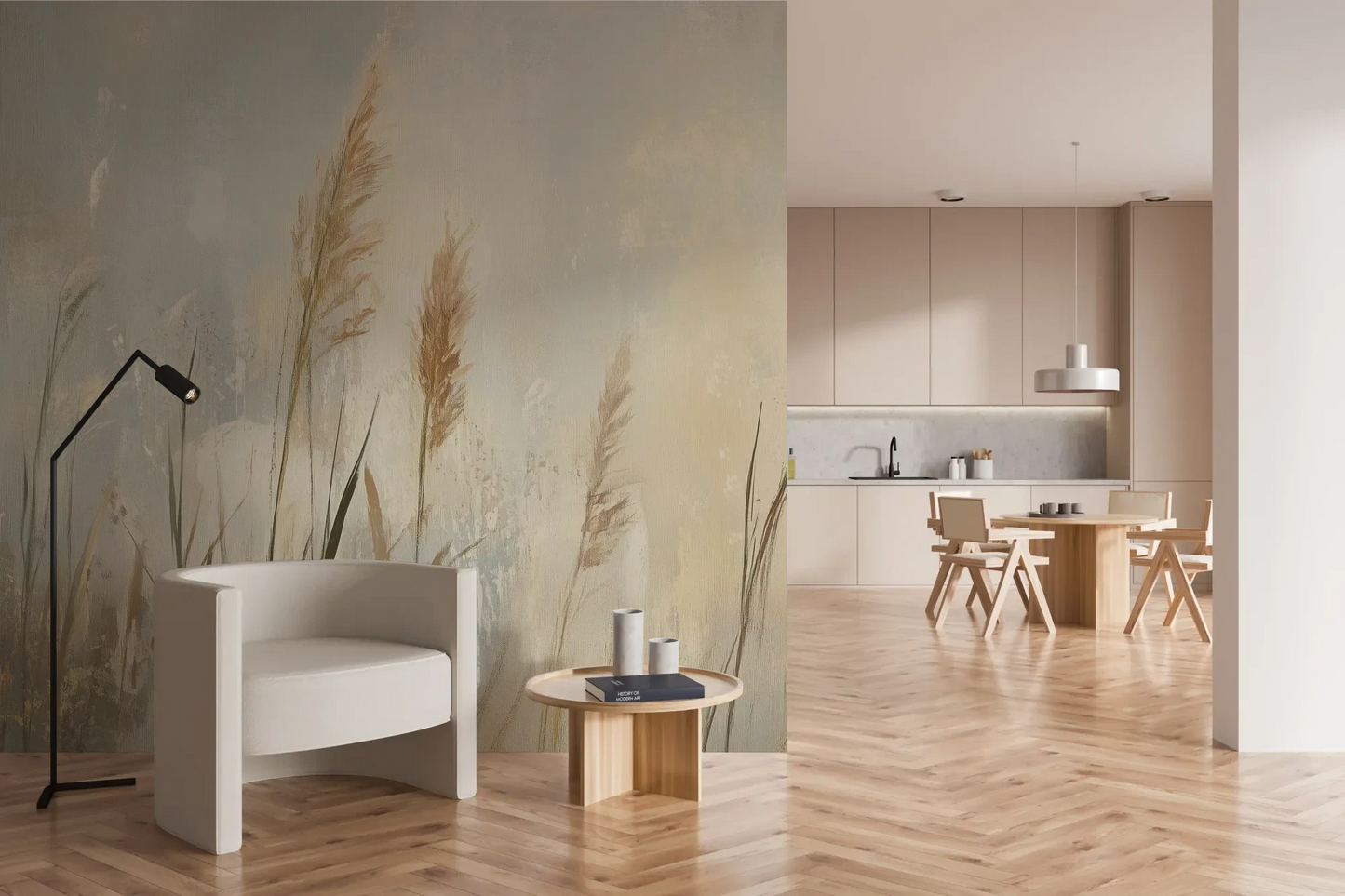 Wzór fototapety MEADOW GRACE - tapeta z delikatnymi źdźbłami traw o świcie pokazanej w aranżacji kuchni.