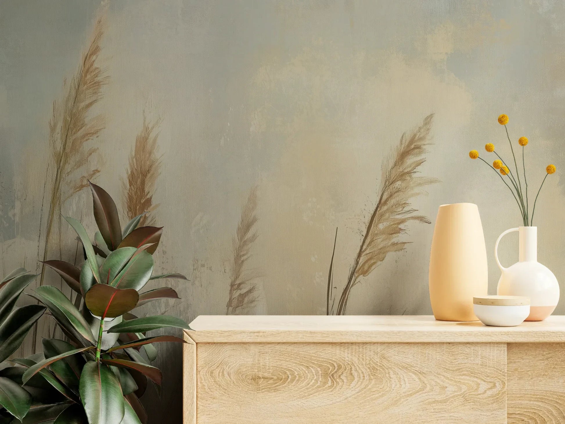 Fototapeta MEADOW GRACE - tapeta z delikatnymi źdźbłami traw o świcie pokazana w aranżacji wnętrza z akcentem na ścianie.