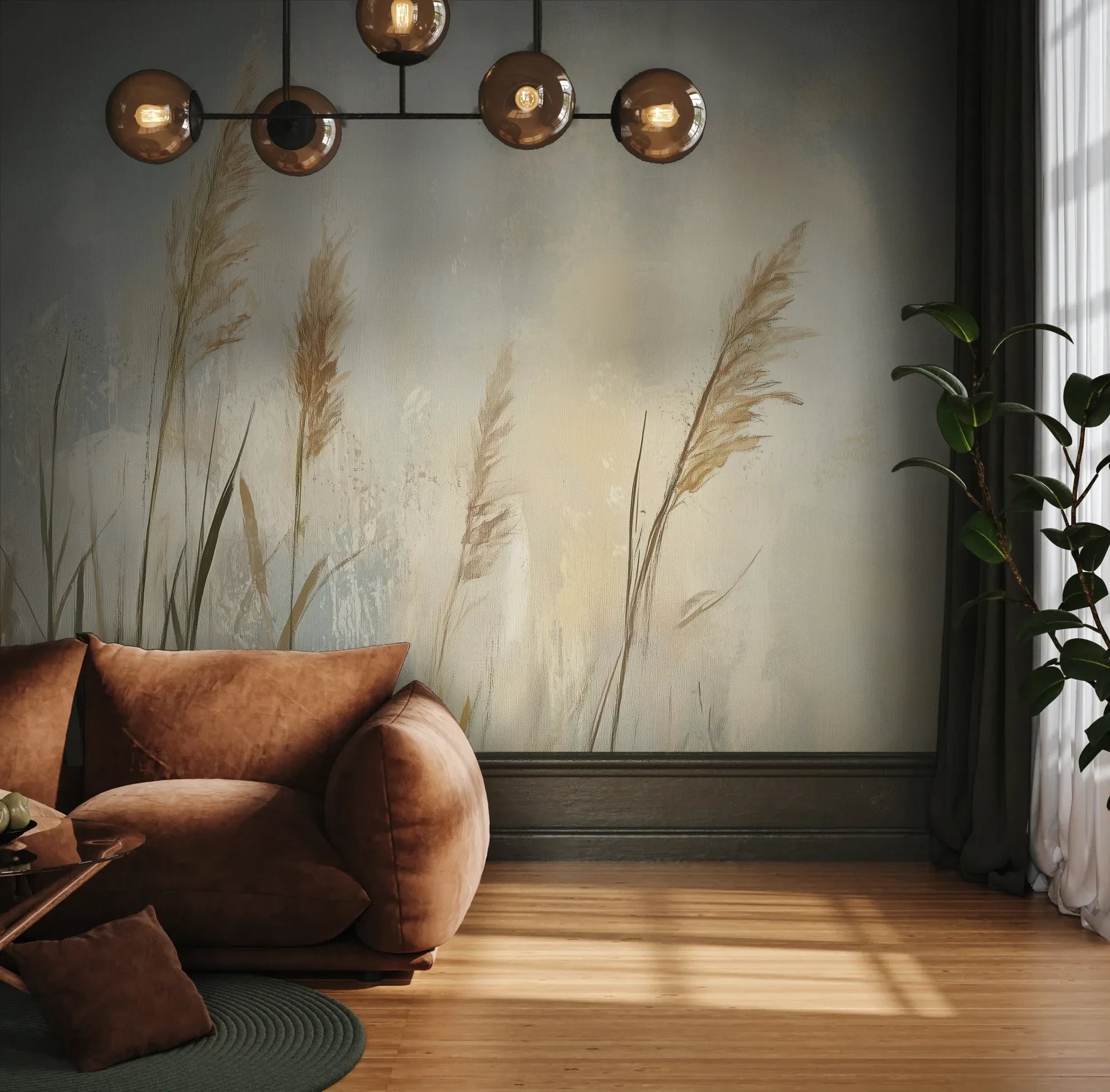 Fototapeta MEADOW GRACE - tapeta z delikatnymi źdźbłami traw o świcie pokazana w aranżacji wnętrza z akcentem na ścianie.