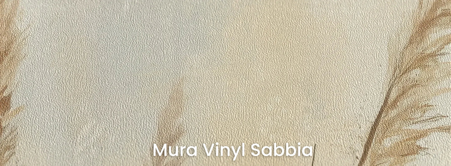 Zbliżenie na fototapetę MEADOW GRACE - tapeta z delikatnymi źdźbłami traw o świcie na podłożu o strukturze ziarna piasku.