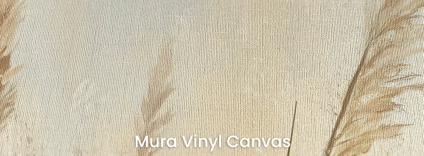 Zbliżenie na fototapetę MEADOW GRACE - tapeta z delikatnymi źdźbłami traw o świcie na podłożu o fakturze płótna.