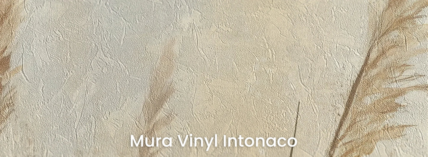 Zbliżenie na fototapetę MEADOW GRACE - tapeta z delikatnymi źdźbłami traw o świcie na podłożu o strukturze tartego tynku.