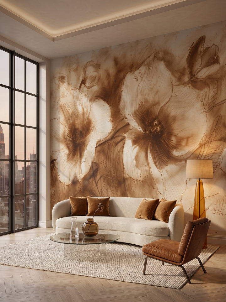 Fototapeta artystyczna o nazwie Sepia Flora w aranżacji wnętrza: salon w penthousie na Manhattanie.