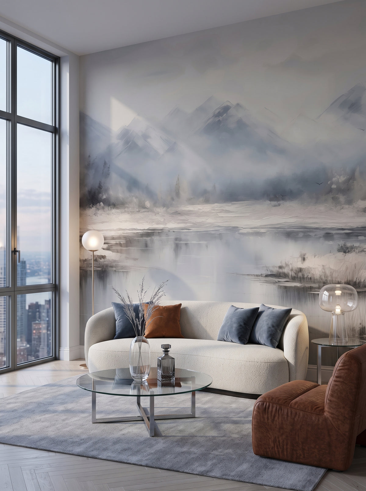 Fototapeta artystyczna o nazwie Spokojne Góry w aranżacji wnętrza: salon w penthousie na Manhattanie.