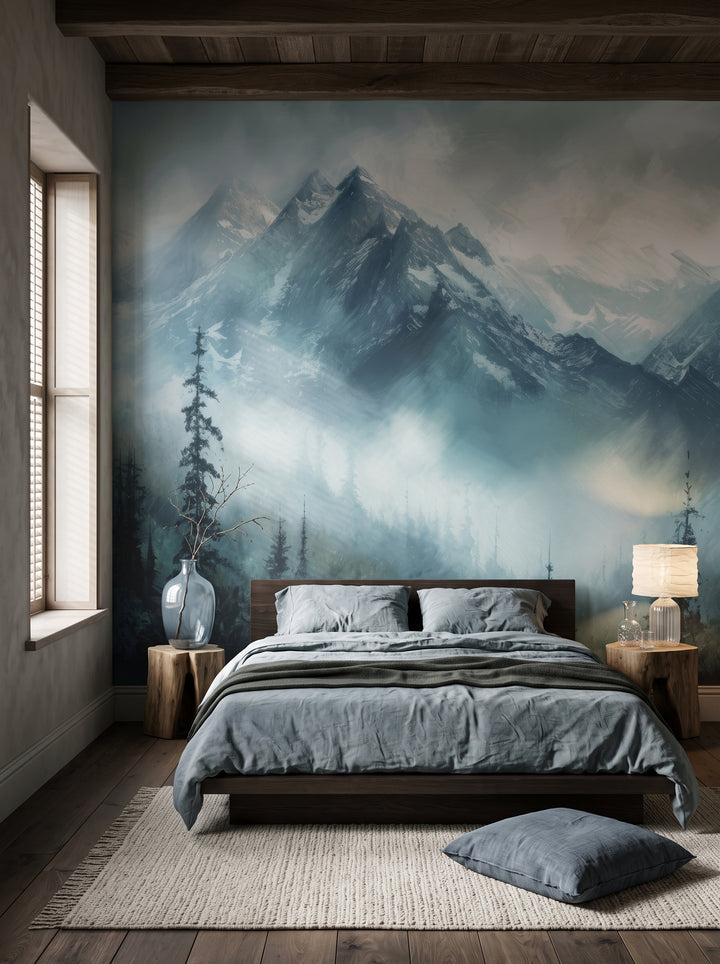 Fototapeta artystyczna o nazwie Blue Summit w aranżacji wnętrza: sypialnia w stylu wabi-sabi w górskiej rezydencji.