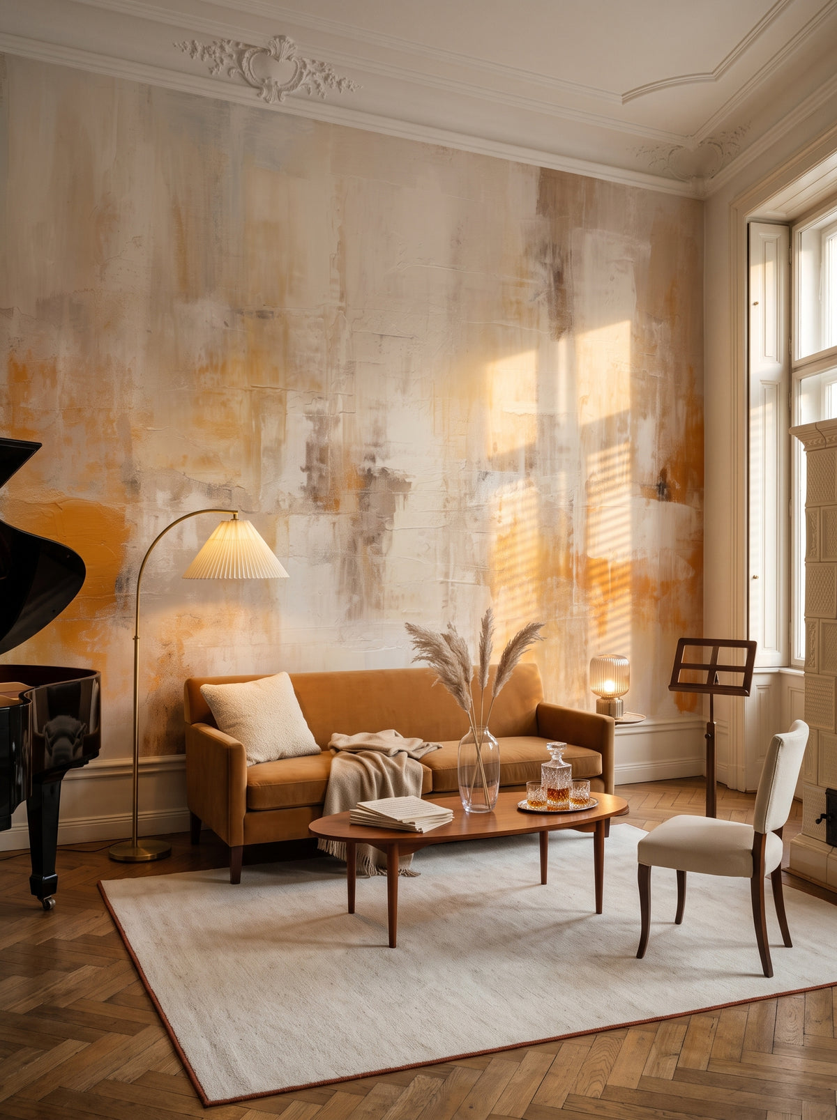 Fototapeta artystyczna o nazwie Amber Whisper w aranżacji wnętrza: pokój muzyczny w wiedeńskiej kamienicy.