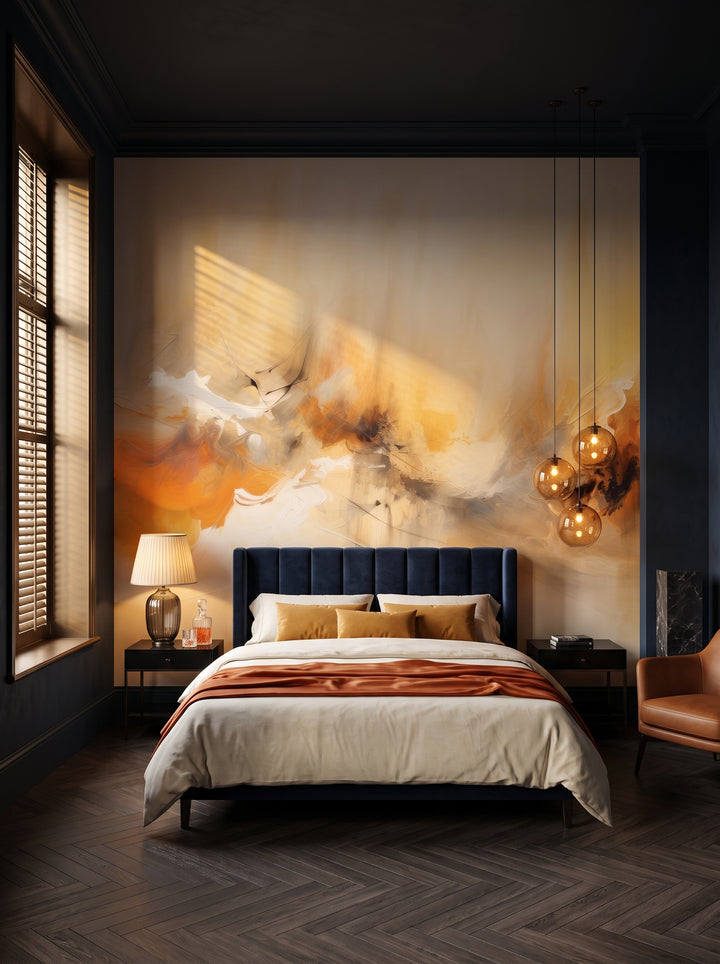 Fototapeta artystyczna o nazwie Organic Abstraction w aranżacji wnętrza: ciemna, otulająca sypialnia w hotelu butikowym.