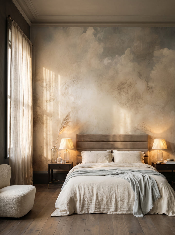 Fototapeta artystyczna o nazwie CELESTIAL WHISPERS CANVAS w aranżacji wnętrza: apartament w pięciogwiazdkowym hotelu w stylu quiet luxury.