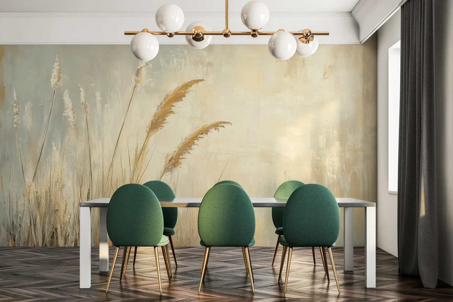 Fototapeta SUNLIT GRASS - tapeta z trawami w złocistej poświacie pokazana w aranżacji jadalni.