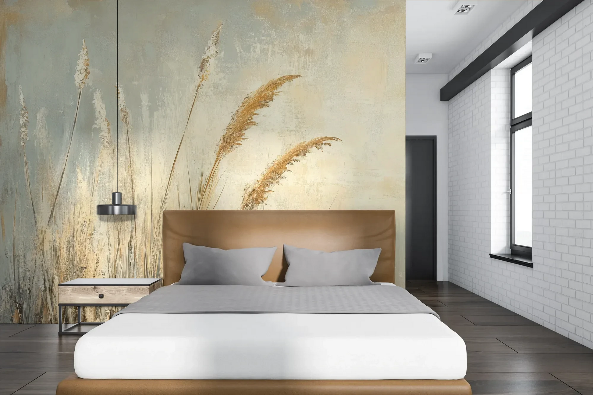 Wzór fototapety SUNLIT GRASS - tapeta z trawami w złocistej poświacie pokazanej w aranżacji sypialni.