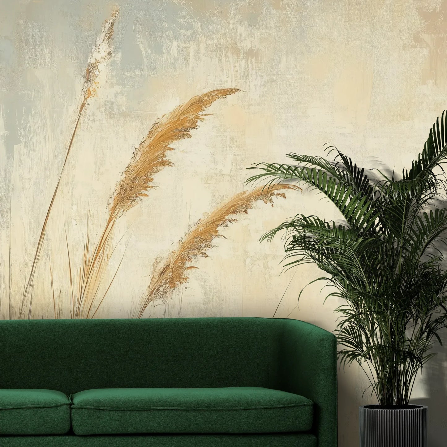 Fototapeta SUNLIT GRASS - tapeta z trawami w złocistej poświacie pokazana w aranżacji wnętrza z akcentem na ścianie.