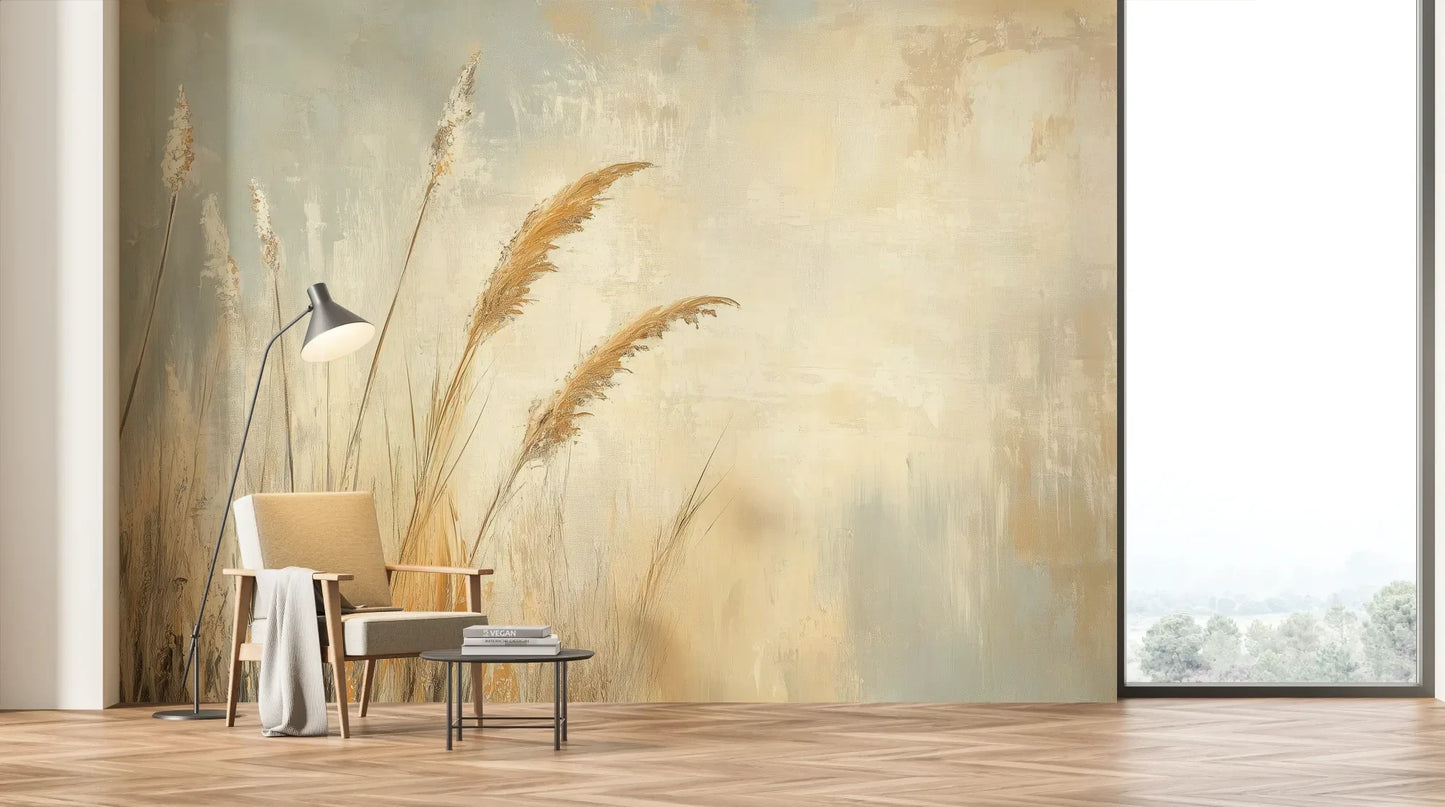 Wzór fototapety SUNLIT GRASS - tapeta z trawami w złocistej poświacie pokazanej w aranżacji salonu.