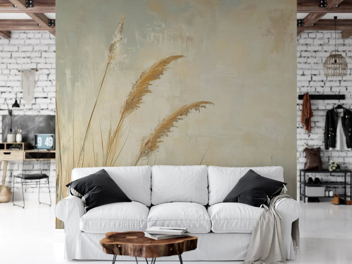 Wzór fototapety SUNLIT GRASS - tapeta z trawami w złocistej poświacie pokazanej w aranżacji salonu.