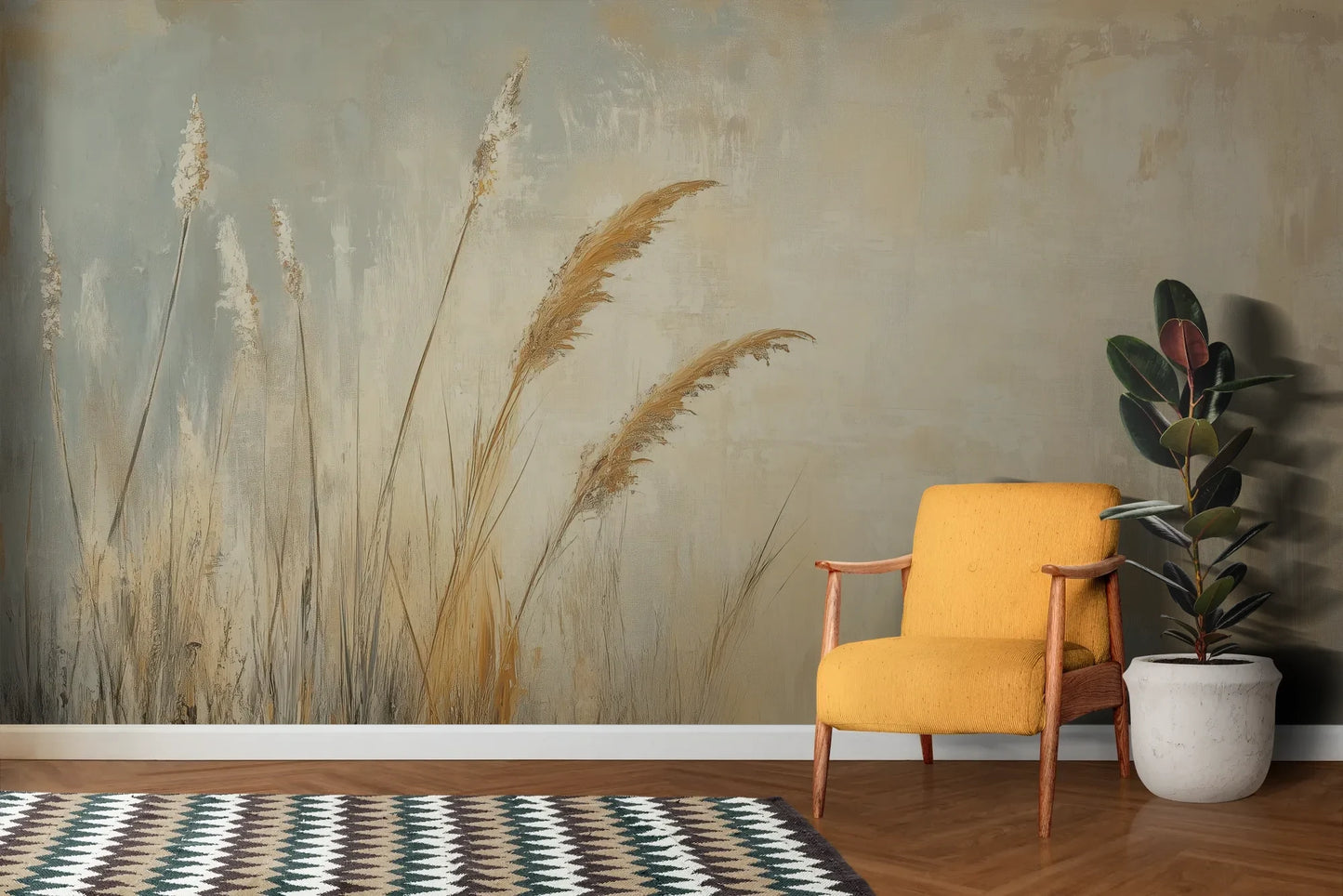 Wzór fototapety SUNLIT GRASS - tapeta z trawami w złocistej poświacie pokazanej w aranżacji salonu.