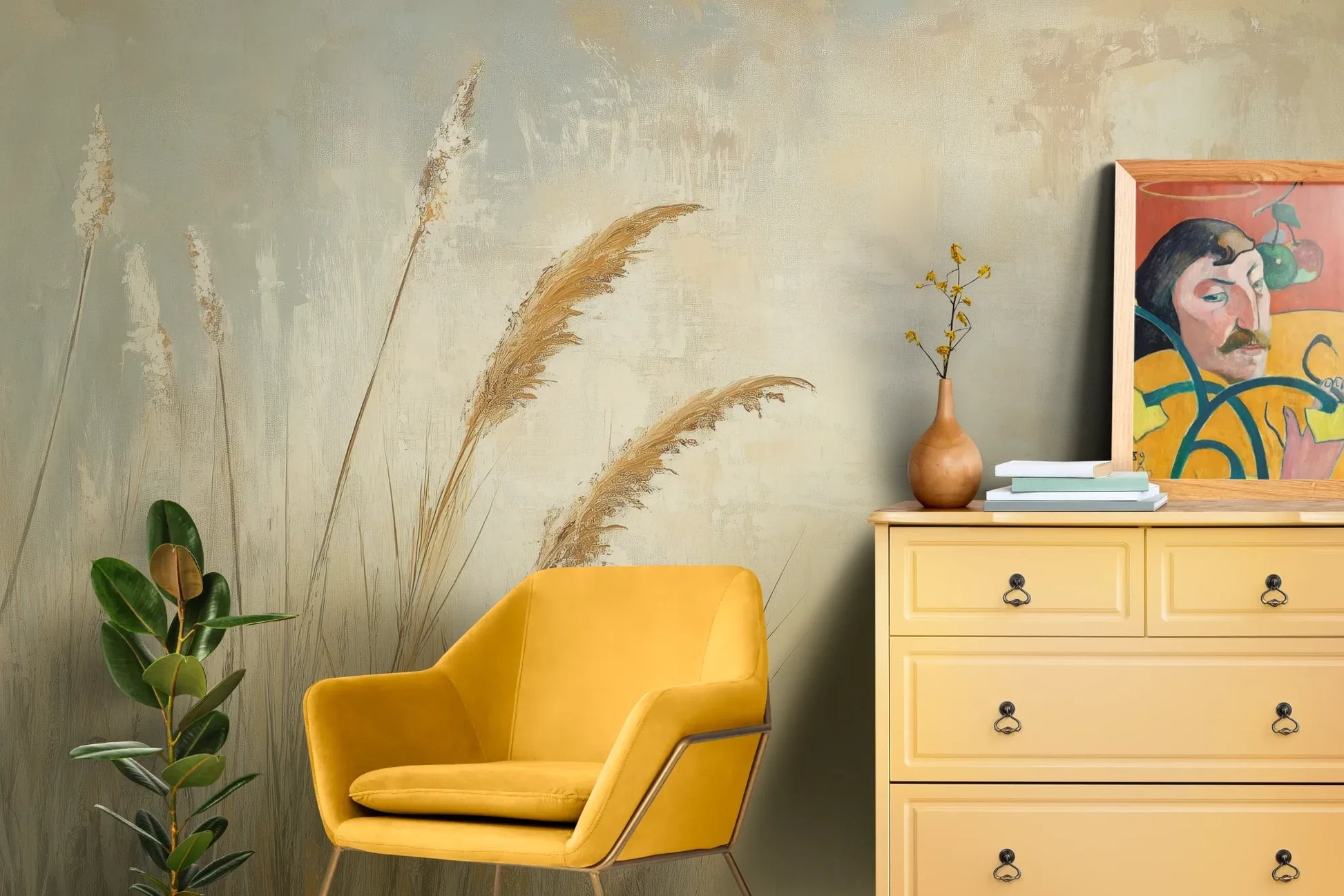 Wzór fototapety SUNLIT GRASS - tapeta z trawami w złocistej poświacie pokazanej w aranżacji salonu.