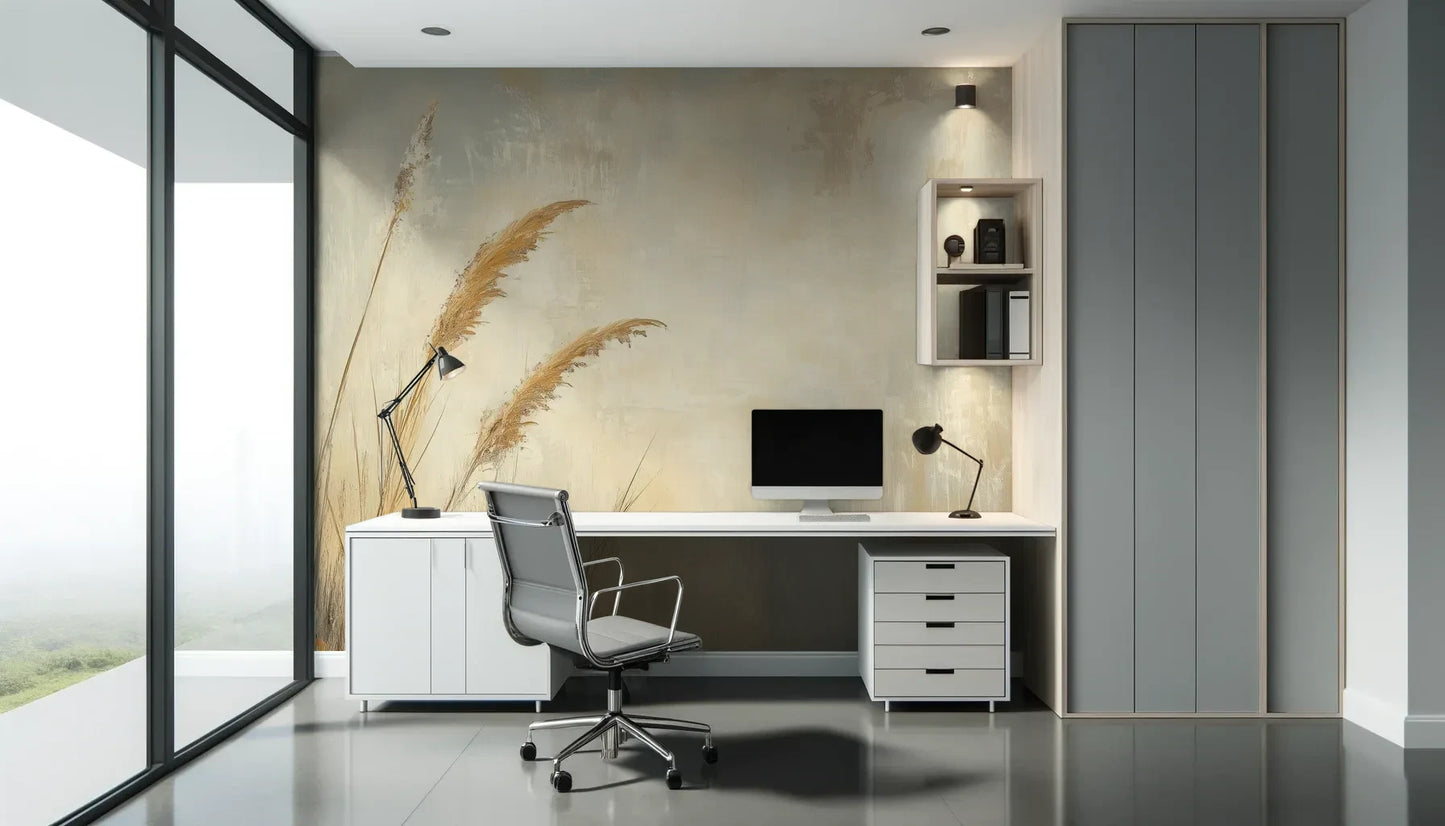 Fototapeta SUNLIT GRASS - tapeta z trawami w złocistej poświacie pokazana w aranżacji biura.