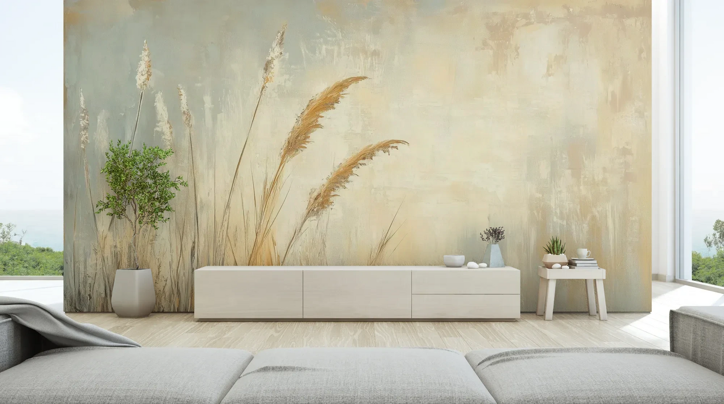 Wzór fototapety SUNLIT GRASS - tapeta z trawami w złocistej poświacie pokazanej w aranżacji salonu.
