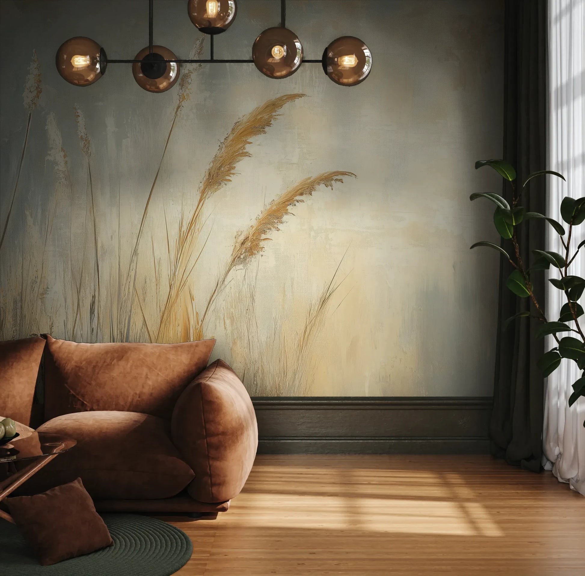 Fototapeta SUNLIT GRASS - tapeta z trawami w złocistej poświacie pokazana w aranżacji wnętrza z akcentem na ścianie.