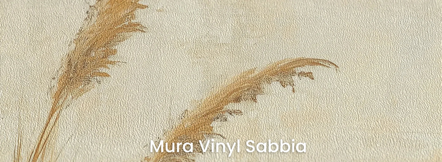 Zbliżenie na fototapetę SUNLIT GRASS - tapeta z trawami w złocistej poświacie na podłożu o strukturze ziarna piasku.