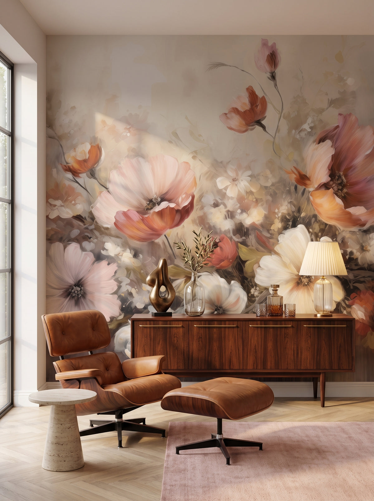 Fototapeta artystyczna o nazwie Soft Floral Symphony w aranżacji wnętrza: salon kolekcjonera w stylu mid-century modern.