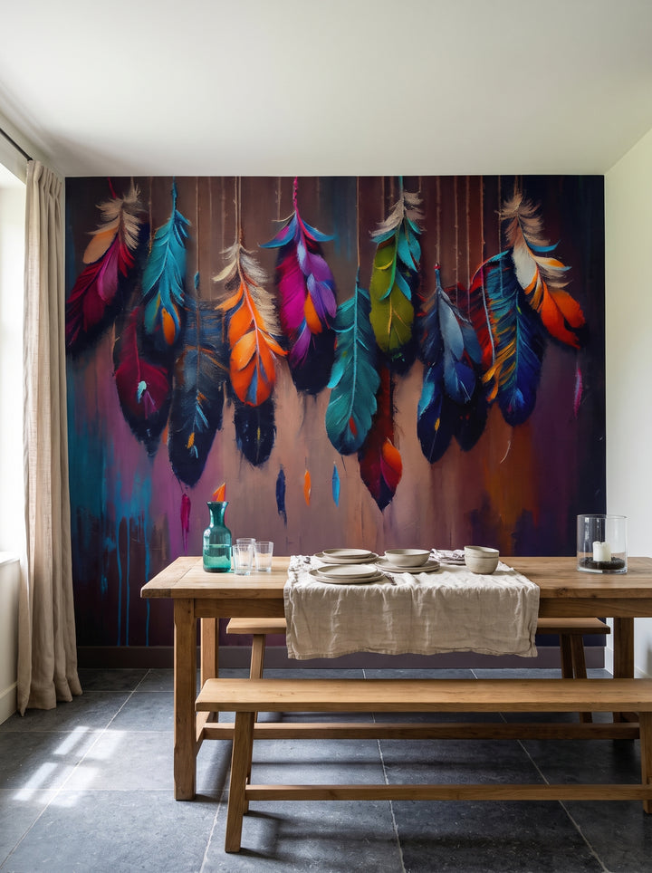 Fototapeta artystyczna o nazwie Mystic Feathers w aranżacji wnętrza: kuchnia z jadalnią w belgijskim domu na wsi.